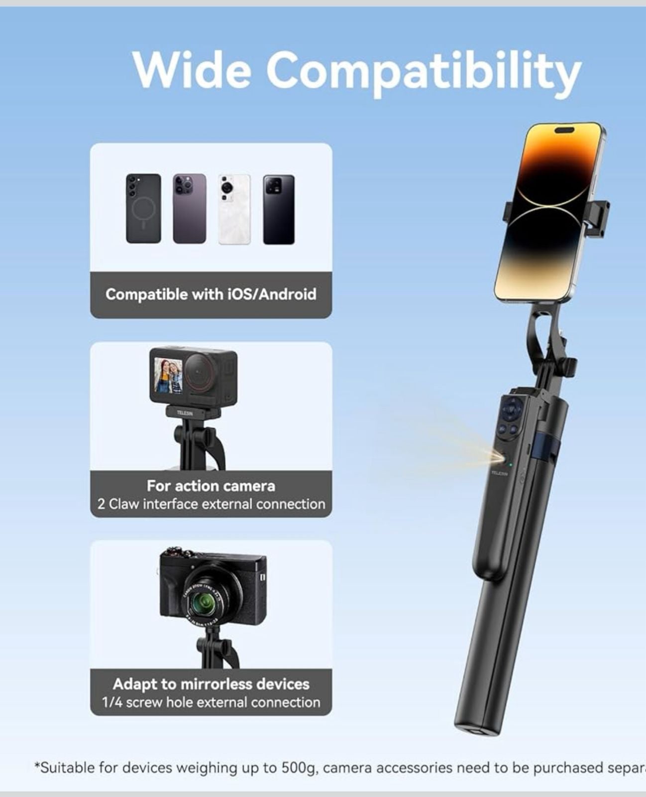 Telesin 63-Inch Auto Face Tracking Tripod with Bluetooth Remote